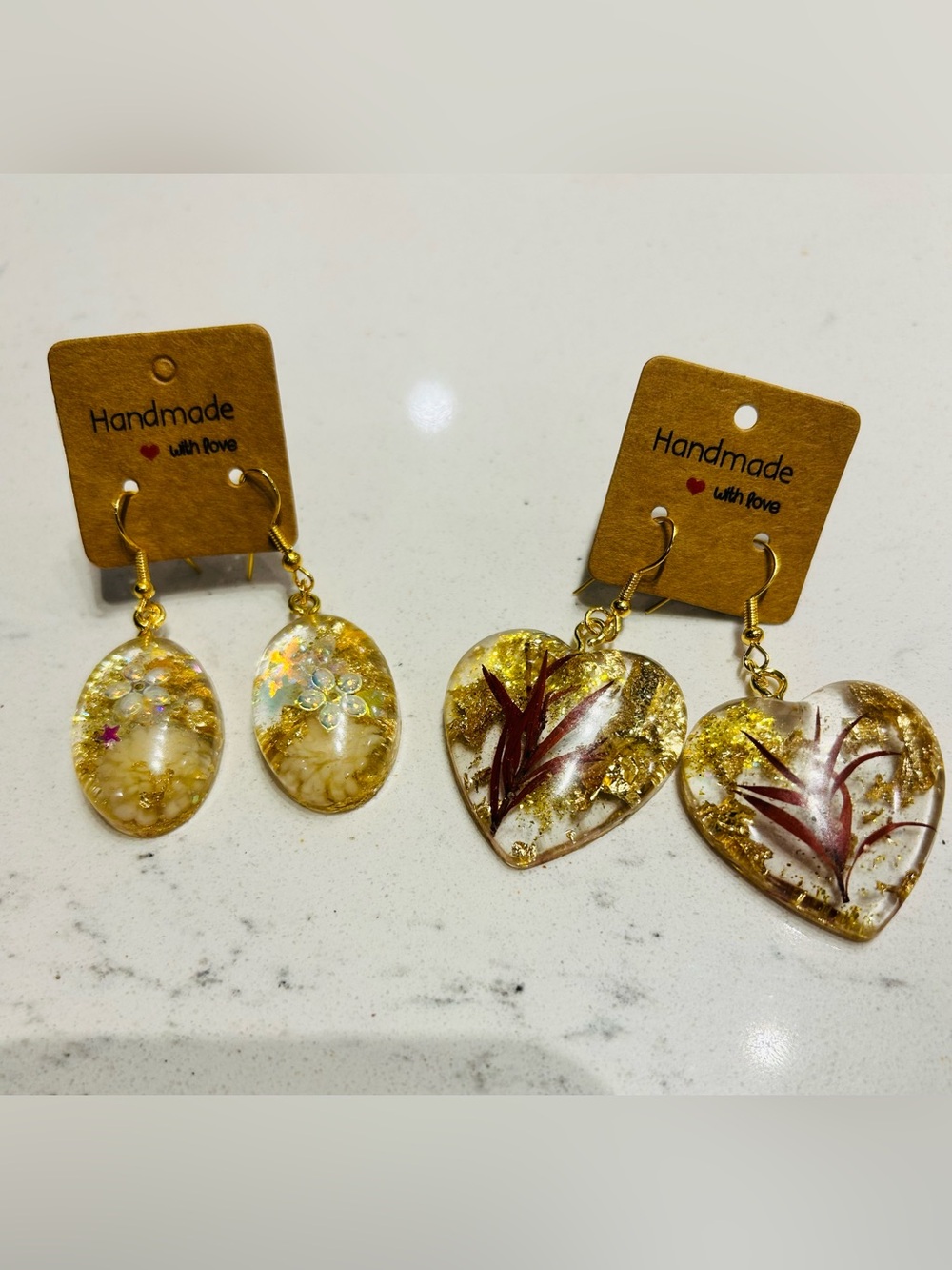 Handmade Gold Leaf Resin Heart & Oval Earrings - White and Gold